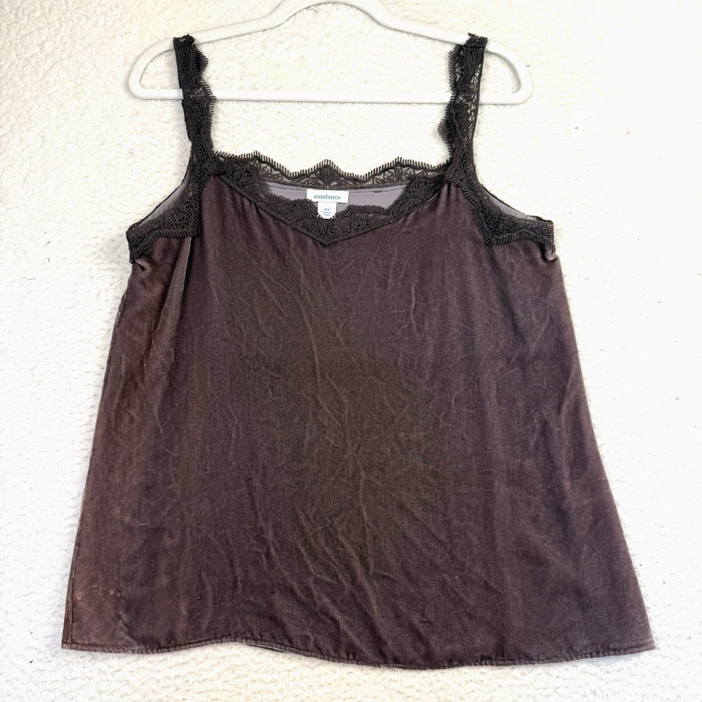 Sundance Camisole Tank Top Womens XS Brown Silk Blend Velvet Lace Trim Y2K